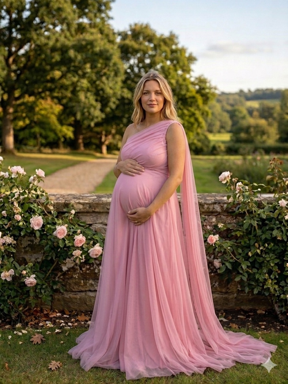 Pink One-Shoulder Tulle Gown with Draped Cape - Picture 1 of 4